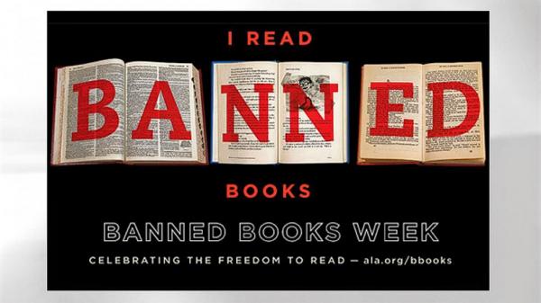 a modified image of 3 books with BANNED in red over it, the full statement is 'I read banned books' for banned books week
