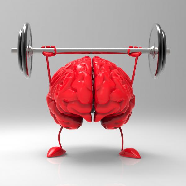 a graphic of a red brain lifting a bar weight